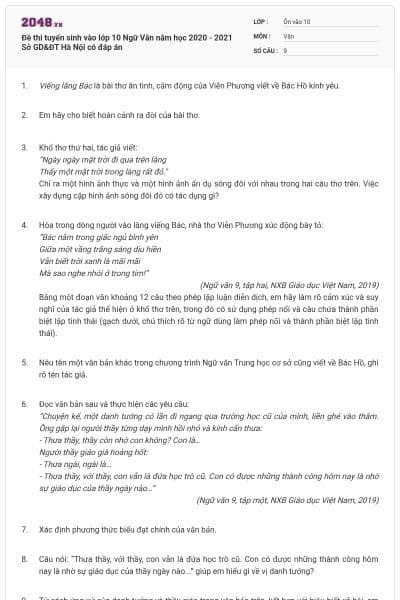 Đề thi tuyển sinh vào lớp 10 Ngữ Văn năm học 2020 - 2021 Sở GD&ĐT Hà Nội có đáp án
