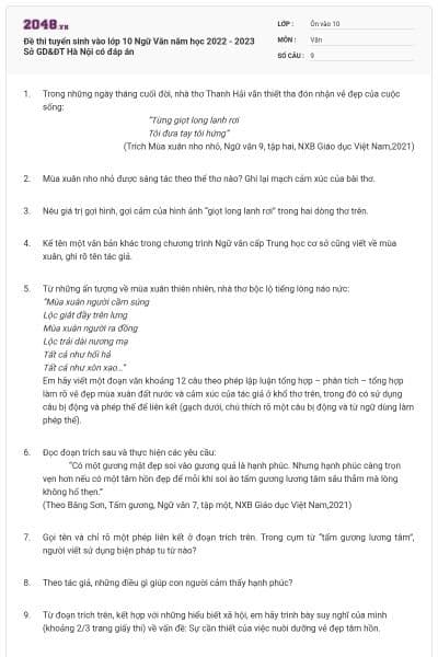 Đề thi tuyển sinh vào lớp 10 Ngữ Văn năm học 2022 - 2023 Sở GD&ĐT Hà Nội có đáp án