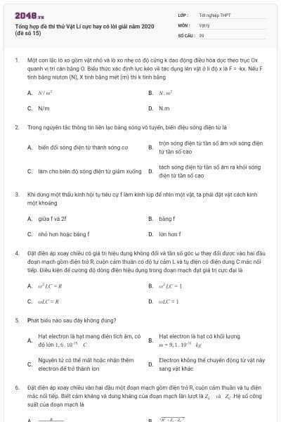 Tổng hợp đề thi thử Vật Lí cực hay có lời giải năm 2020 (đề số 15)