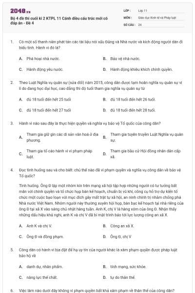 Bộ 4 đề thi cuối kì 2 KTPL 11 Cánh diều cấu trúc mới có đáp án - Đề 4
