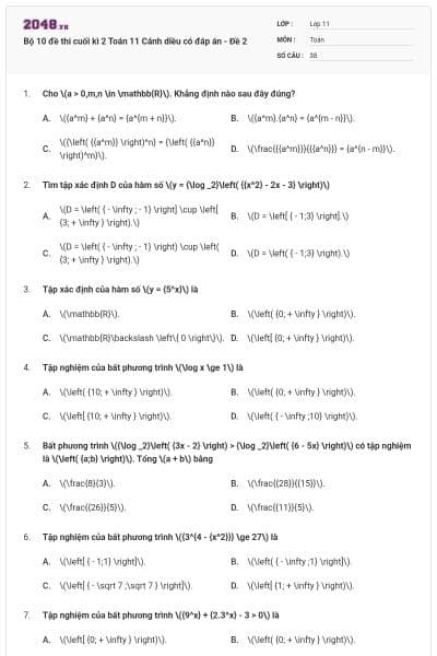 Bộ 10 đề thi cuối kì 2 Toán 11 Cánh diều có đáp án - Đề 2