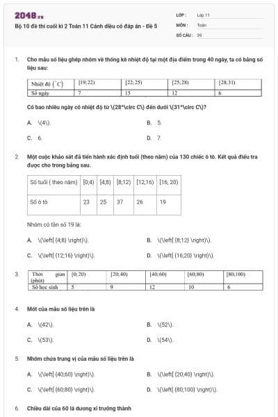 Bộ 10 đề thi cuối kì 2 Toán 11 Cánh diều có đáp án - Đề 5