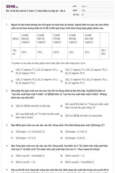 Bộ 10 đề thi cuối kì 2 Toán 11 Cánh diều có đáp án - Đề 6