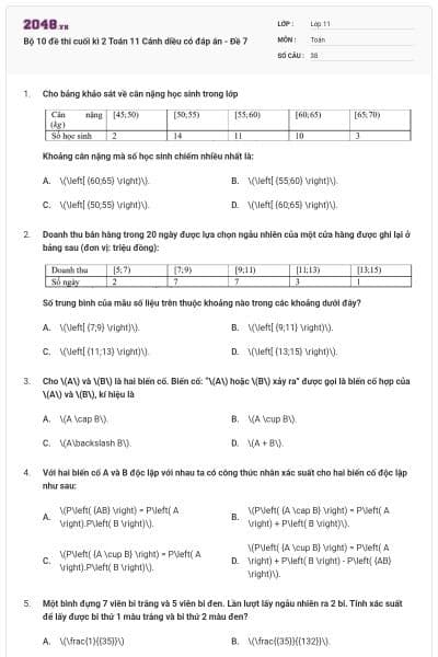 Bộ 10 đề thi cuối kì 2 Toán 11 Cánh diều có đáp án - Đề 7