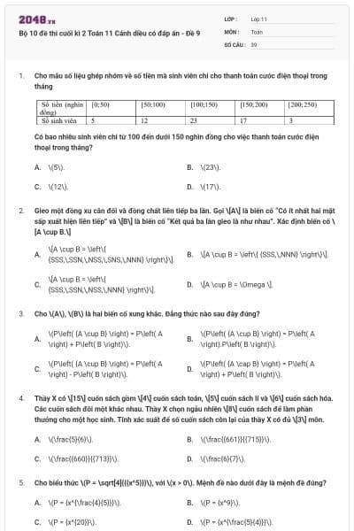 Bộ 10 đề thi cuối kì 2 Toán 11 Cánh diều có đáp án - Đề 9