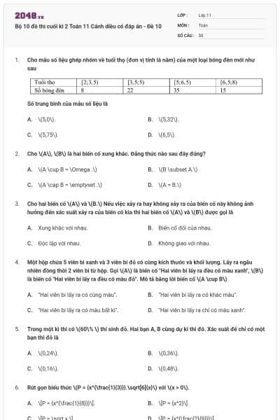 Bộ 10 đề thi cuối kì 2 Toán 11 Cánh diều có đáp án - Đề 10