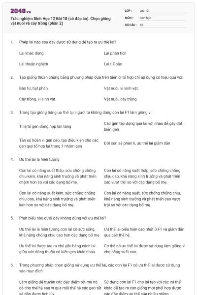Trắc nghiệm Sinh Học 12 Bài 18 (có đáp án): Chọn giống vật nuôi và cây trồng (phần 2)