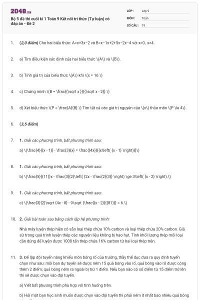 Bộ 5 đề thi cuối kì 1 Toán 9 Kết nối tri thức (Tự luận) có đáp án - Đề 2