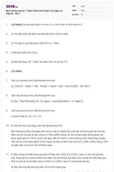 Bộ 5 đề thi cuối kì 1 Toán 9 Kết nối tri thức (Tự luận) có đáp án - Đề 3