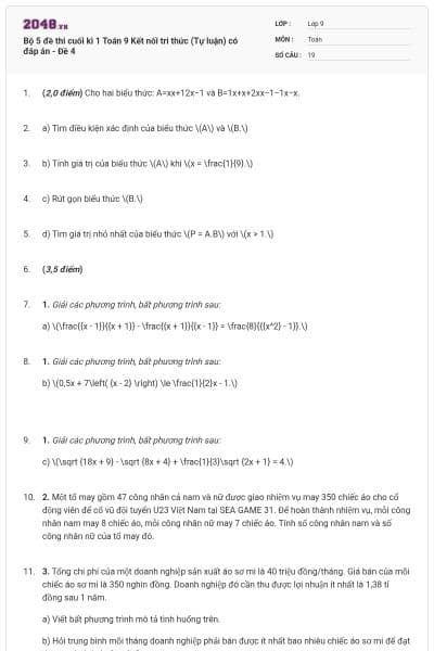 Bộ 5 đề thi cuối kì 1 Toán 9 Kết nối tri thức (Tự luận) có đáp án - Đề 4