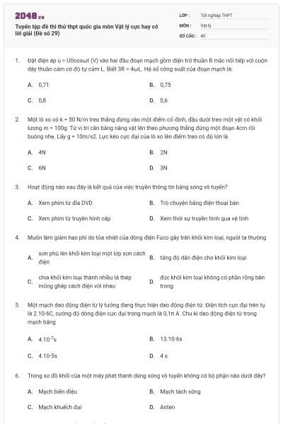 Tuyển tập đề thi thử thpt quốc gia môn Vật lý cực hay có lời giải (Đề số 29)