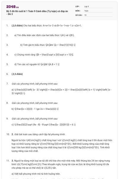 Bộ 5 đề thi cuối kì 1 Toán 9 Cánh diều (Tự luận) có đáp án - Đề 3