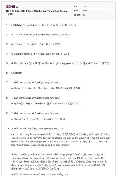 Bộ 5 đề thi cuối kì 1 Toán 9 Cánh diều (Tự luận) có đáp án - Đề 5