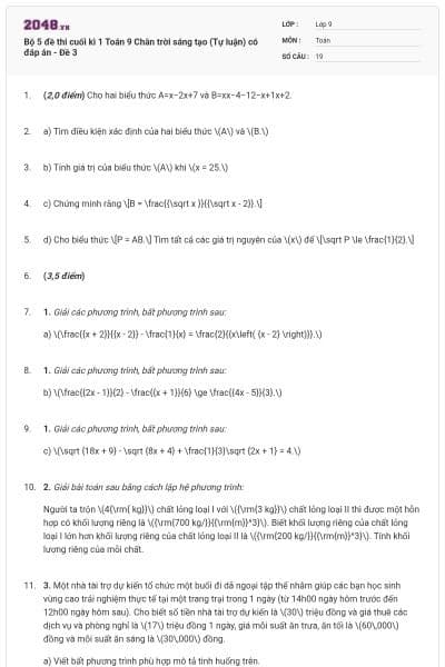Bộ 5 đề thi cuối kì 1 Toán 9 Chân trời sáng tạo (Tự luận) có đáp án - Đề 3