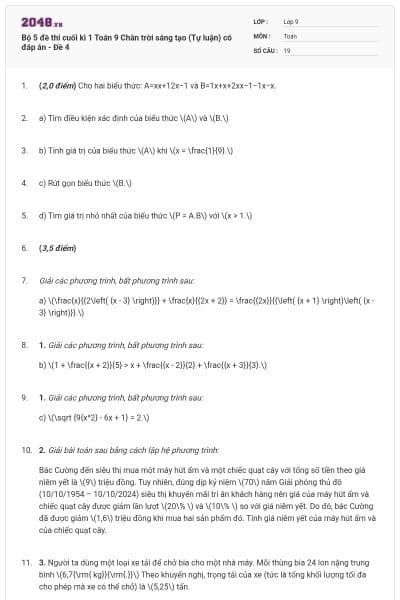 Bộ 5 đề thi cuối kì 1 Toán 9 Chân trời sáng tạo (Tự luận) có đáp án - Đề 4