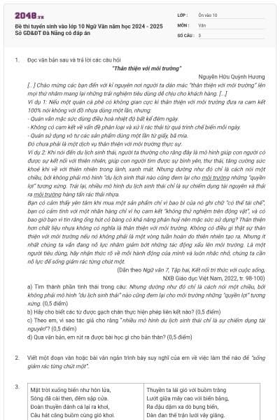 Đề thi tuyển sinh vào lớp 10 Ngữ Văn năm học 2024 - 2025 Sở GD&ĐT Đà Nẵng có đáp án