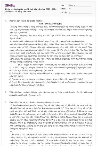 Đề thi tuyển sinh vào lớp 10 Ngữ Văn năm học 2023 - 2024 Sở GD&ĐT Đà Nẵng có đáp án