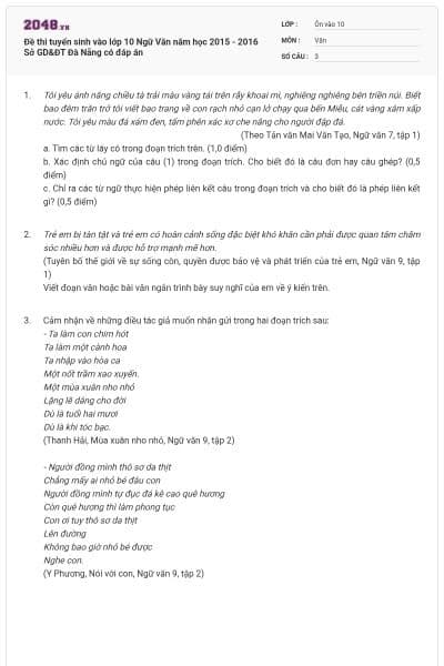 Đề thi tuyển sinh vào lớp 10 Ngữ Văn năm học 2015 - 2016 Sở GD&ĐT Đà Nẵng có đáp án