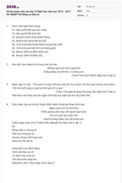 Đề thi tuyển sinh vào lớp 10 Ngữ Văn năm học 2016 - 2017 Sở GD&ĐT Đà Nẵng có đáp án