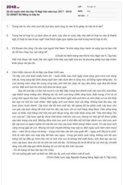 Đề thi tuyển sinh vào lớp 10 Ngữ Văn năm học 2017 - 2018 Sở GD&ĐT Đà Nẵng có đáp án