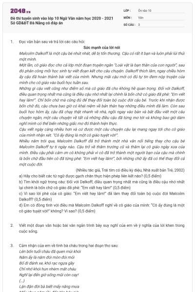 Đề thi tuyển sinh vào lớp 10 Ngữ Văn năm học 2020 - 2021 Sở GD&ĐT Đà Nẵng có đáp án