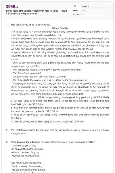 Đề thi tuyển sinh vào lớp 10 Ngữ Văn năm học 2021 - 2022 Sở GD&ĐT Đà Nẵng có đáp án