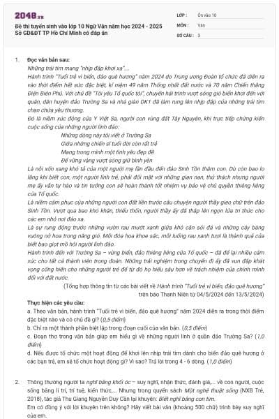 Đề thi tuyển sinh vào lớp 10 Ngữ Văn năm học 2024 - 2025 Sở GD&ĐT TP Hồ Chí Minh có đáp án