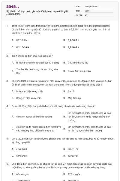 Bộ đề thi thử thpt quốc gia môn Vật Lý cực hay có lời giải chi tiết (P25)