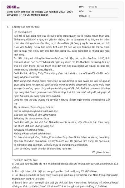 Đề thi tuyển sinh vào lớp 10 Ngữ Văn năm học 2023 - 2024 Sở GD&ĐT TP Hồ Chí Minh có đáp án