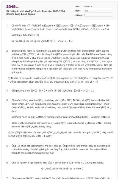 Đề thi tuyển sinh vào lớp 10 môn Toán năm 2023-2024 Chuyên Long An có đáp án