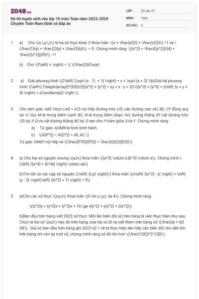 Đề thi tuyển sinh vào lớp 10 môn Toán năm 2023-2024 Chuyên Toán Nam Định có đáp án