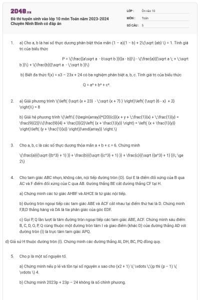 Đề thi tuyển sinh vào lớp 10 môn Toán năm 2023-2024 Chuyên Ninh Bình có đáp án