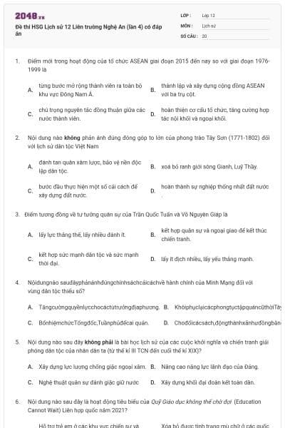 Đề thi HSG Lịch sử 12 Liên trường Nghệ An (lần 4) có đáp án