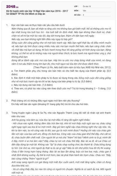 Đề thi tuyển sinh vào lớp 10 Ngữ Văn năm học 2016 - 2017 Sở GD&ĐT TP Hồ Chí Minh có đáp án