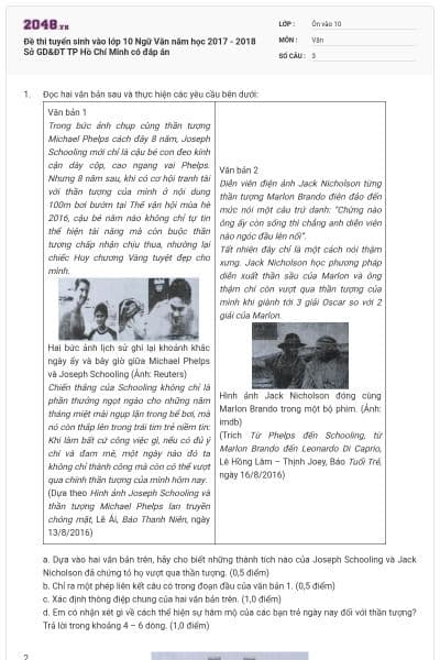 Đề thi tuyển sinh vào lớp 10 Ngữ Văn năm học 2017 - 2018 Sở GD&ĐT TP Hồ Chí Minh có đáp án