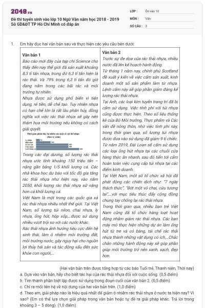 Đề thi tuyển sinh vào lớp 10 Ngữ Văn năm học 2018 - 2019 Sở GD&ĐT TP Hồ Chí Minh có đáp án