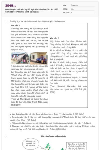 Đề thi tuyển sinh vào lớp 10 Ngữ Văn năm học 2019 - 2020 Sở GD&ĐT TP Hồ Chí Minh có đáp án