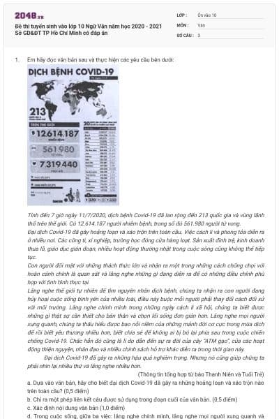 Đề thi tuyển sinh vào lớp 10 Ngữ Văn năm học 2020 - 2021 Sở GD&ĐT TP Hồ Chí Minh có đáp án