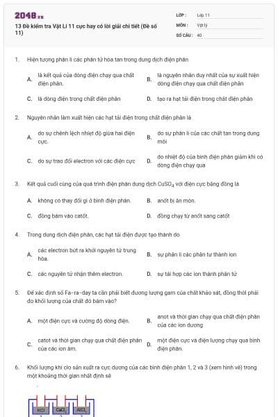 13 Đề kiểm tra Vật Lí 11 cực hay có lời giải chi tiết (Đề số 11)