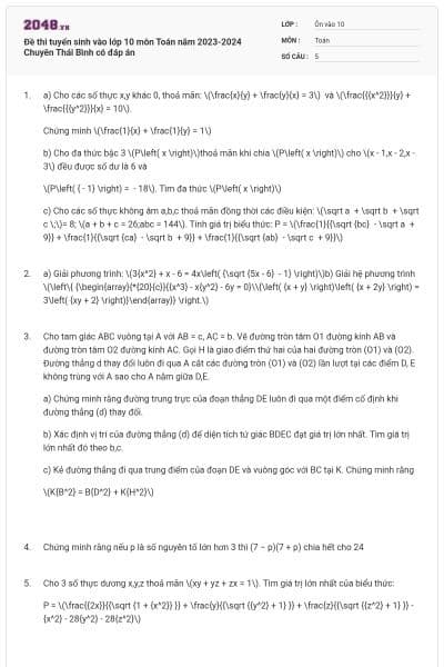 Đề thi tuyển sinh vào lớp 10 môn Toán năm 2023-2024 Chuyên Thái Bình có đáp án