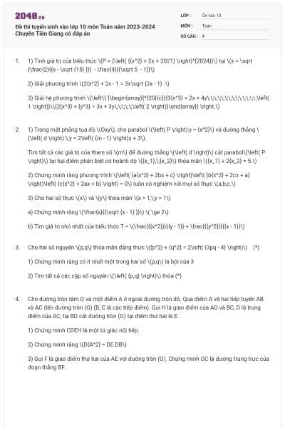 Đề thi tuyển sinh vào lớp 10 môn Toán năm 2023-2024 Chuyên Tiền Giang có đáp án