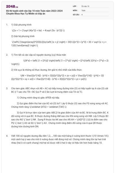 Đề thi tuyển sinh vào lớp 10 môn Toán năm 2023-2024 Chuyên Khoa Học Tự Nhiên có đáp án