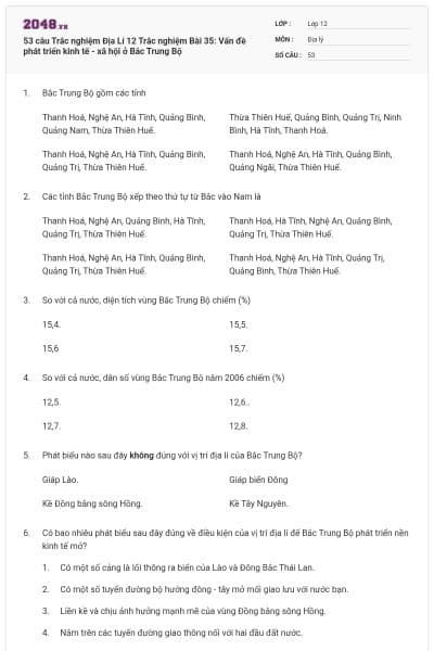 53 câu Trắc nghiệm Địa Lí 12 Trắc nghiệm Bài 35: Vấn đề phát triển kinh tế - xã hội ở Bắc Trung Bộ