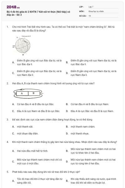 Bộ 4 đề thi giữa kì 2 KHTN 7 Kết nối tri thức (Nối tiếp) có đáp án - Đề 3