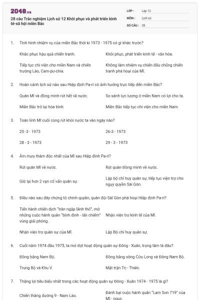 28 câu Trắc nghiệm Lịch sử 12 Khôi phục và phát triển kinh tế-xã hội miền Bắc