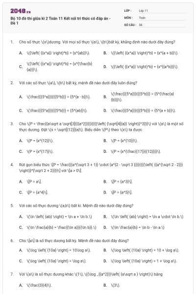 Bộ 10 đề thi giữa kì 2 Toán 11 Kết nối tri thức có đáp án - Đề 1