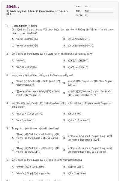 Bộ 10 đề thi giữa kì 2 Toán 11 Kết nối tri thức có đáp án - Đề 2