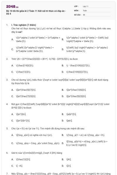Bộ 10 đề thi giữa kì 2 Toán 11 Kết nối tri thức có đáp án - Đề 4