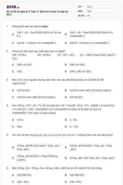 Bộ 10 đề thi giữa kì 2 Toán 11 Kết nối tri thức có đáp án - Đề 5
