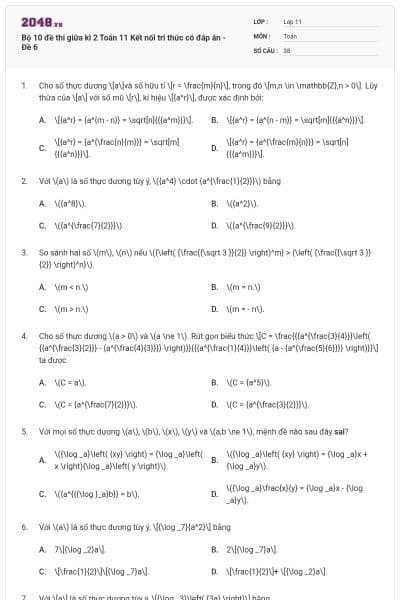 Bộ 10 đề thi giữa kì 2 Toán 11 Kết nối tri thức có đáp án - Đề 6